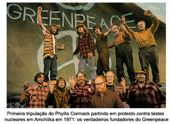 Imagem que representa a história do Greenpeace, Patrick moore e os demais fundadores da ONG juntos