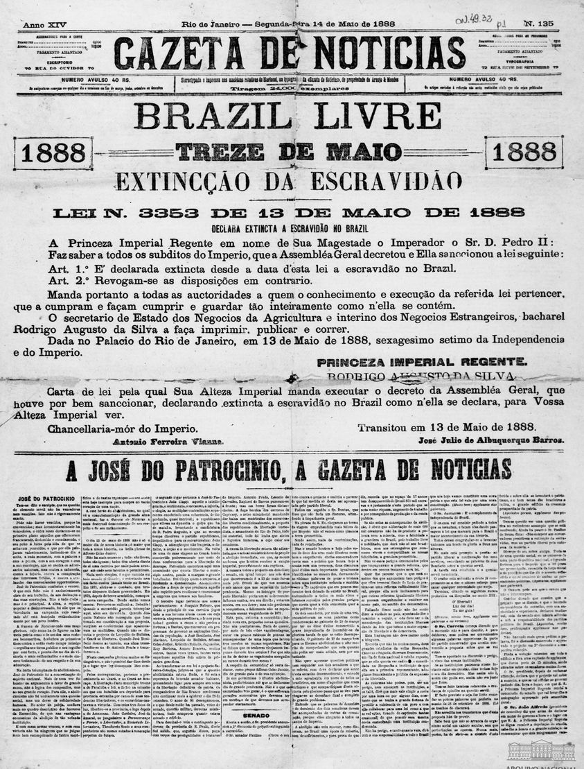 A Lei Áurea promulgada em 13 de maio de 1888 foi o marco que abriu o período pós abolição. / O Brasil e o trabalho escravo!